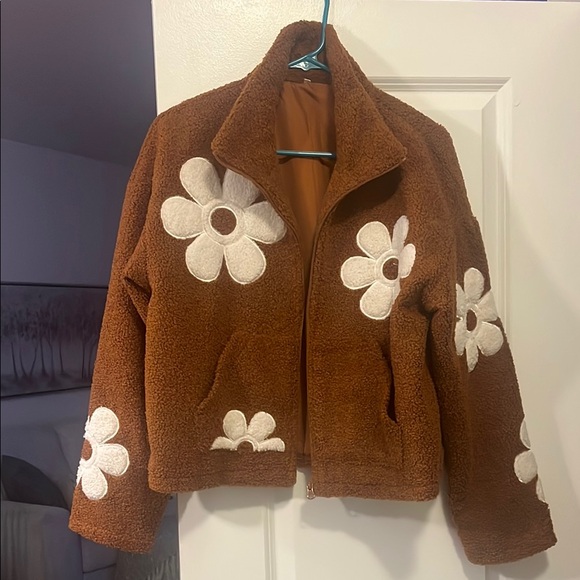 Brown Fleece Jacket with White Floral Design - Picture 1 of 4